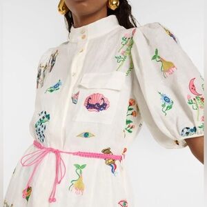 Alemais White Midi Dress with Colorful Embroidery